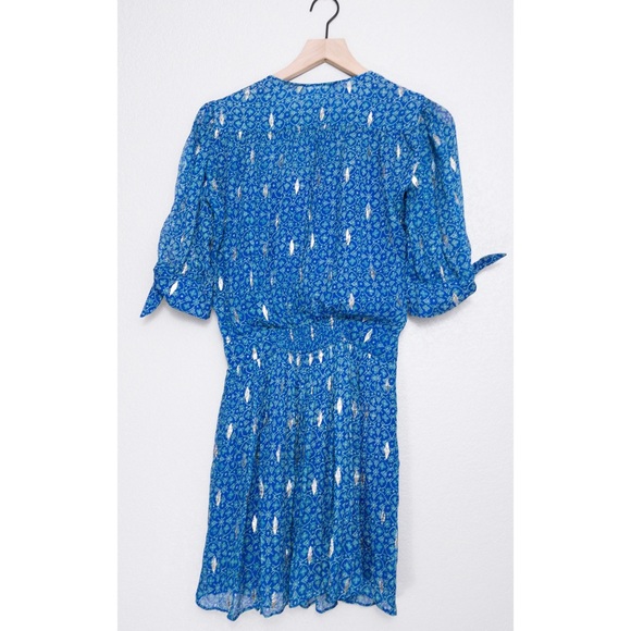 ba&sh Madrid Silk Metallic Print Blouson Mini Dress S Bohemian Lightweight Pleat - Picture 10 of 11